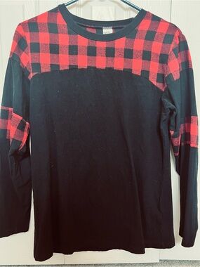 Boutique Black Top with Red Buffalo Plaid Yoke and Sleeve Accents